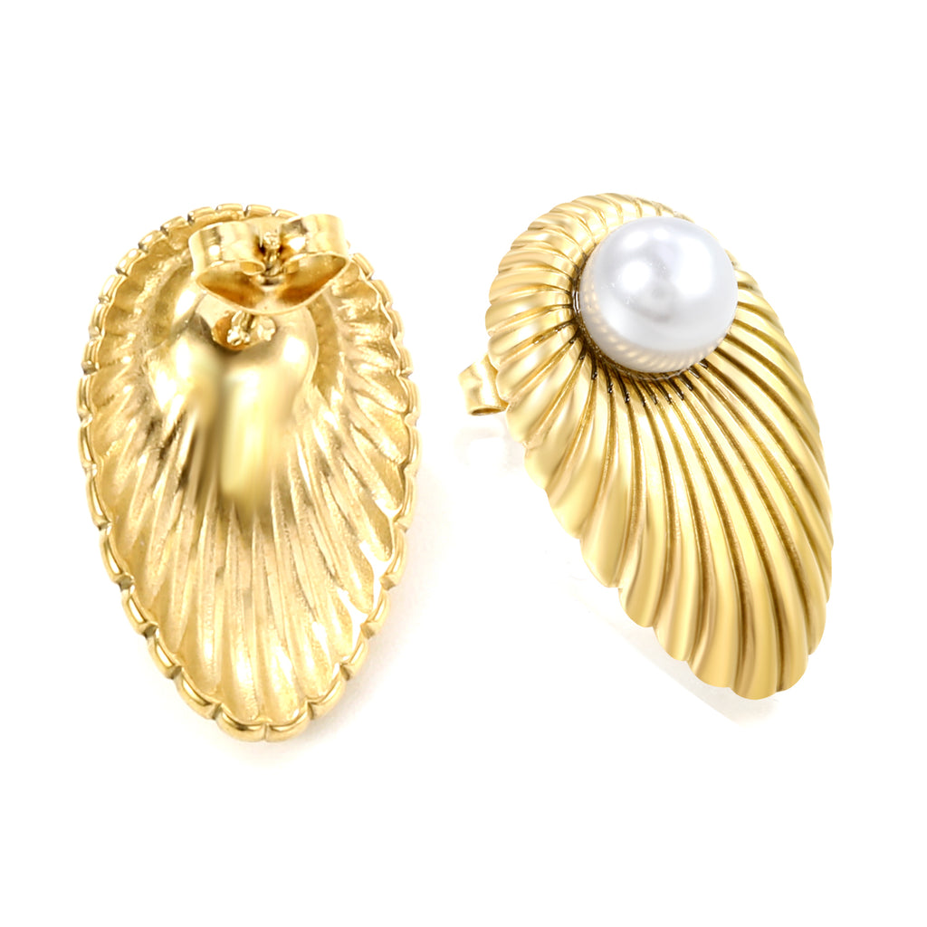 Oval Leaf Pearl Stud Earrings