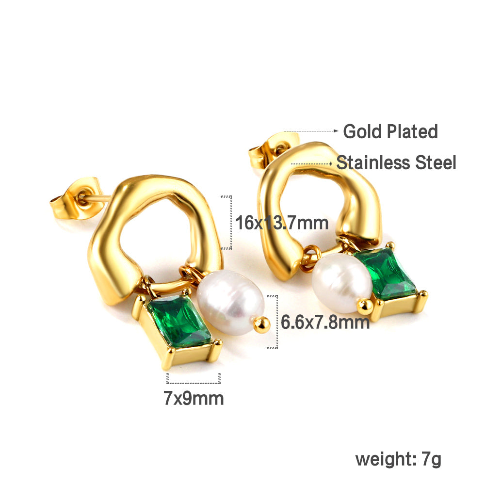 Green Diamond & Pearl Half-Hoop Earrings