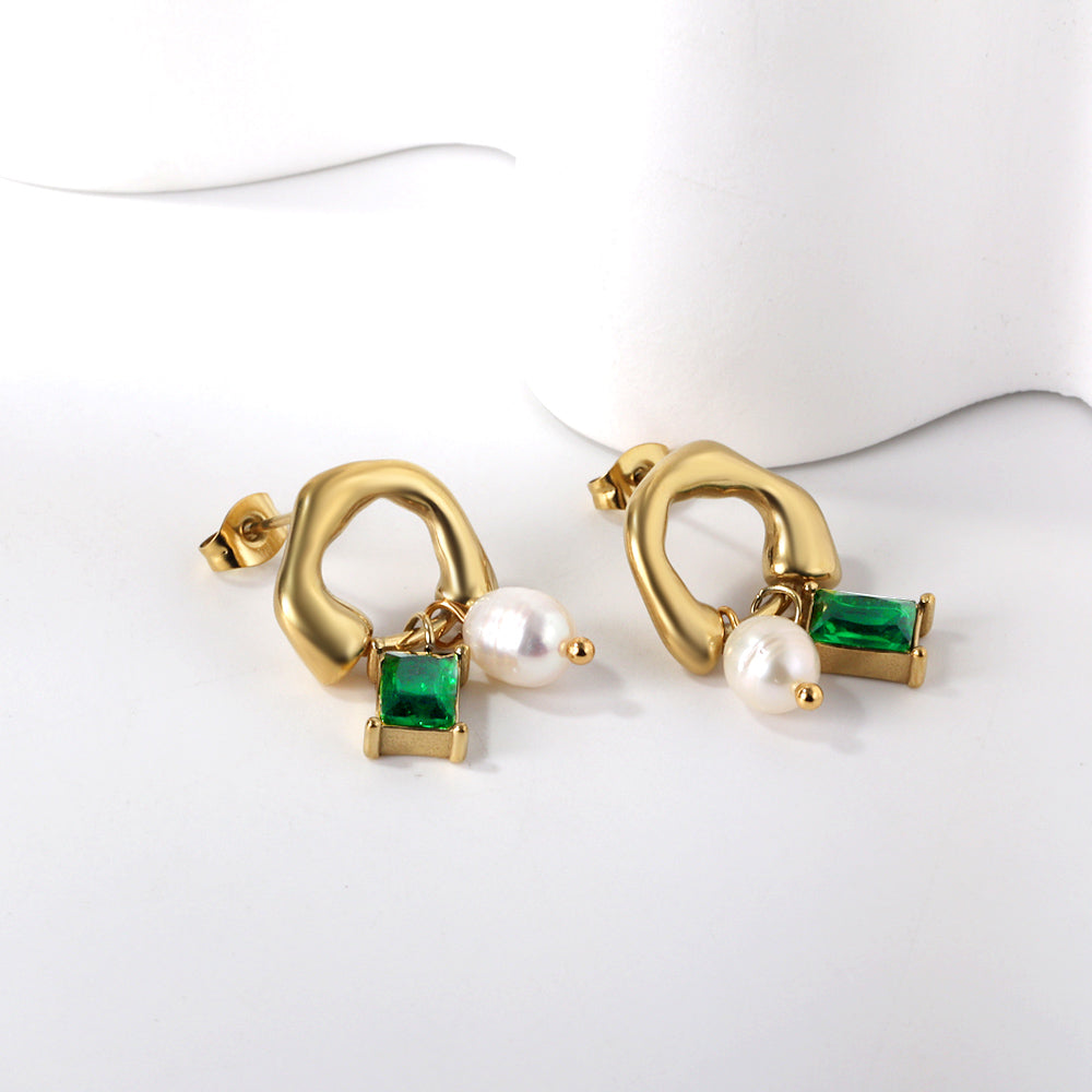 Green Diamond & Pearl Half-Hoop Earrings