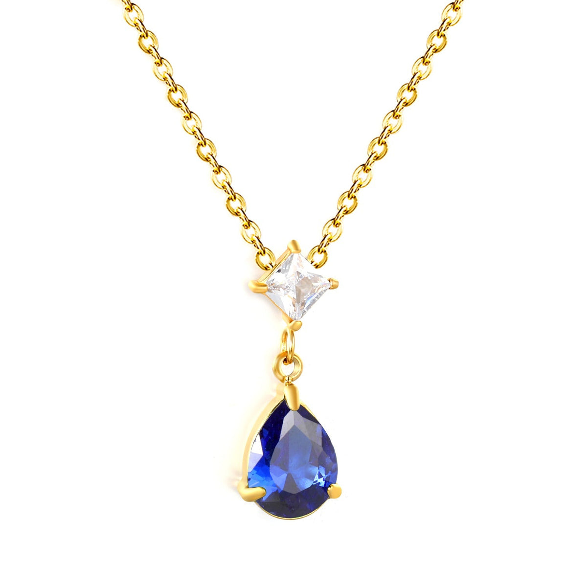 5mm square diamond + 8*11mm green teardrop diamond 0.4ct Angled chain with round pendant Necklace in gold/steel