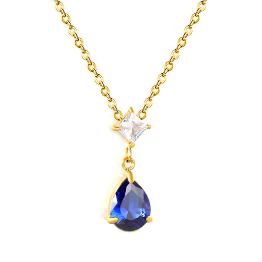 5mm square diamond + 8*11mm green teardrop diamond 0.4ct Angled chain with round pendant Necklace in gold/steel
