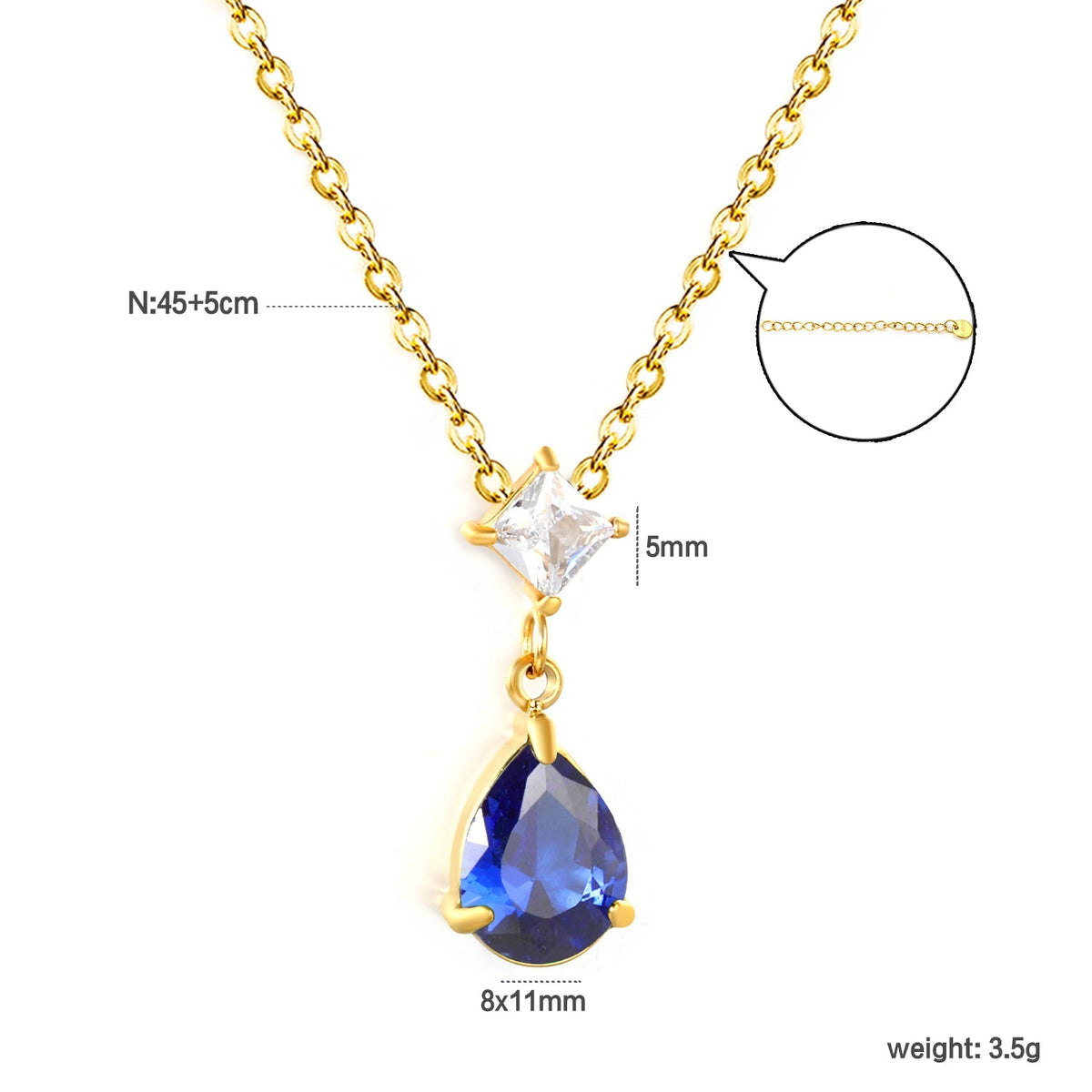 5mm square diamond + 8*11mm green teardrop diamond 0.4ct Angled chain with round pendant Necklace in gold/steel