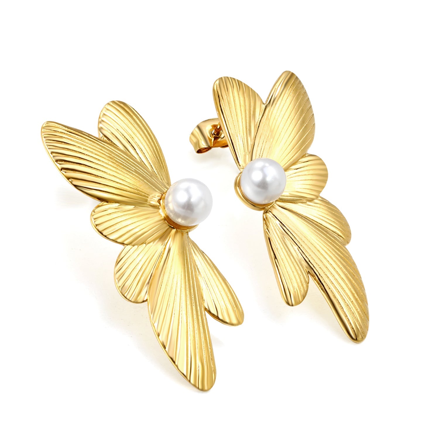Pearlescent Butterfly Studs by APHANA, gold tone, earrings, stainless steel, pearl accents, product image 1