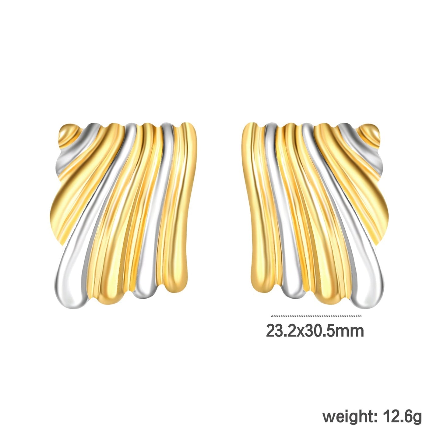 23.2mm*30.5mm Square Two-Tone Wavy Texture Stud Earrings, Two-Tone Gold