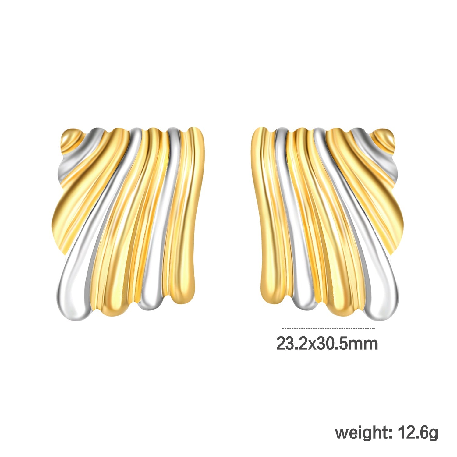 23.2mm*30.5mm Square Two-Tone Wavy Texture Stud Earrings, Two-Tone Gold