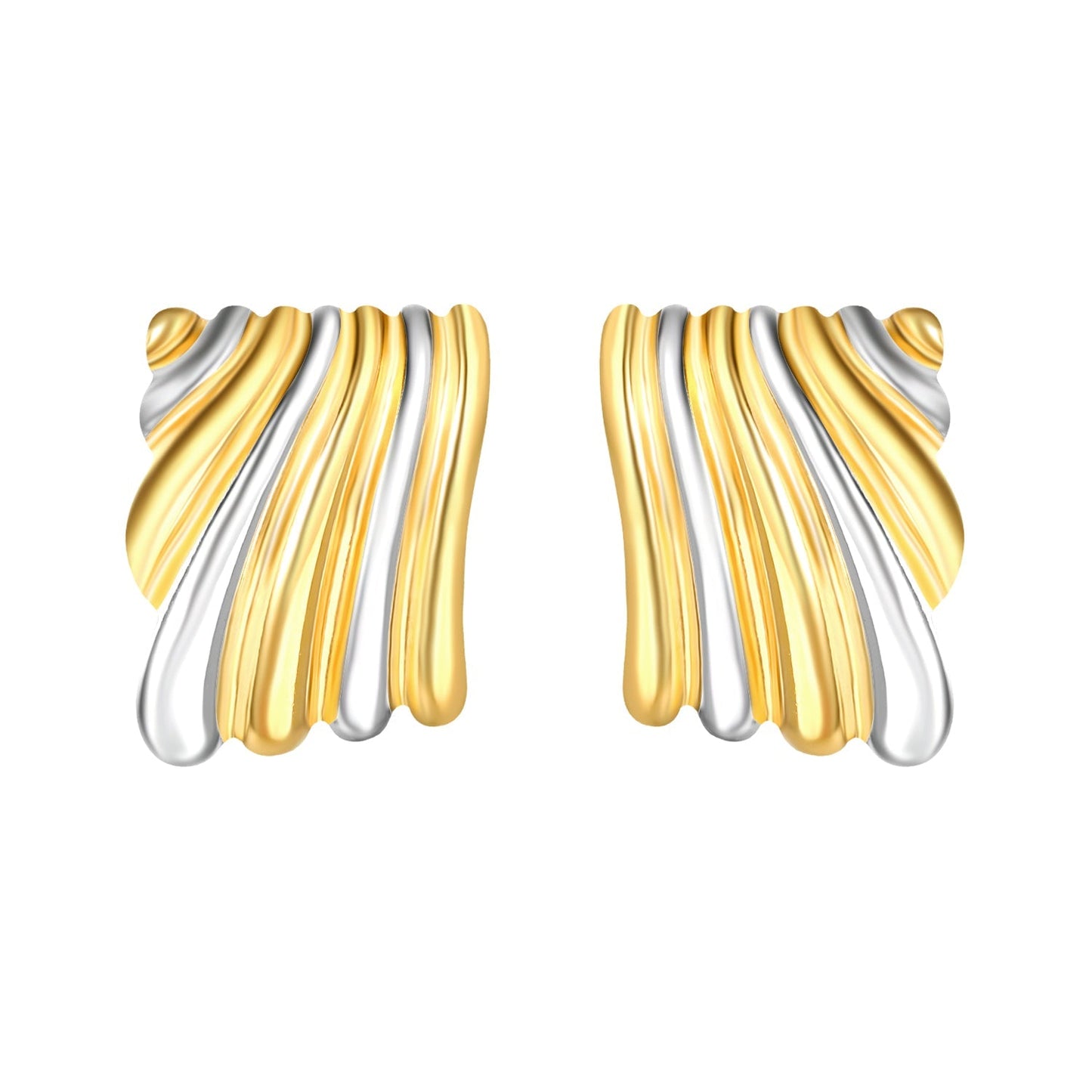 23.2mm*30.5mm Square Two-Tone Wavy Texture Stud Earrings, Two-Tone Gold