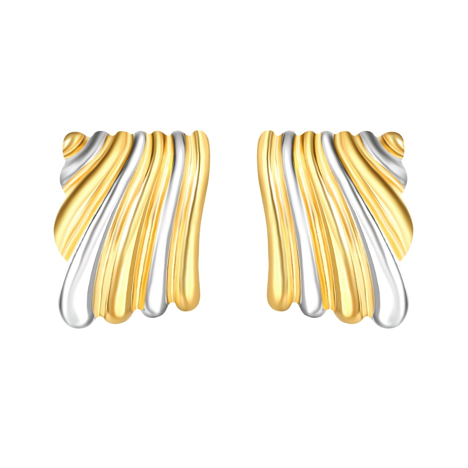 23.2mm*30.5mm Square Two-Tone Wavy Texture Stud Earrings, Two-Tone Gold