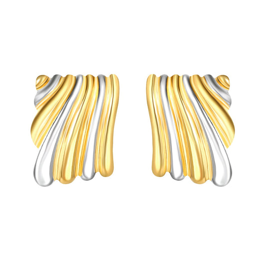 23.2mm*30.5mm Square Two-Tone Wavy Texture Stud Earrings, Two-Tone Gold