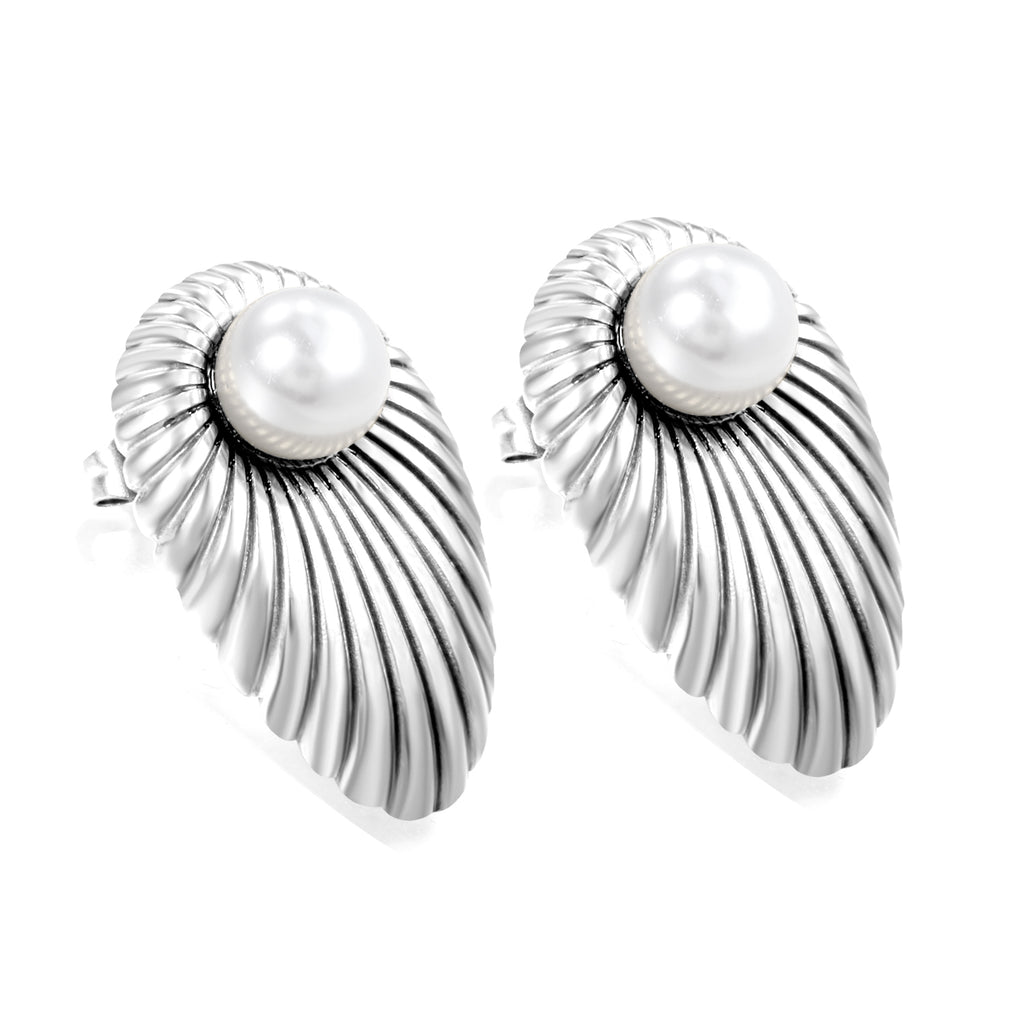 Oval Leaf Pearl Stud Earrings