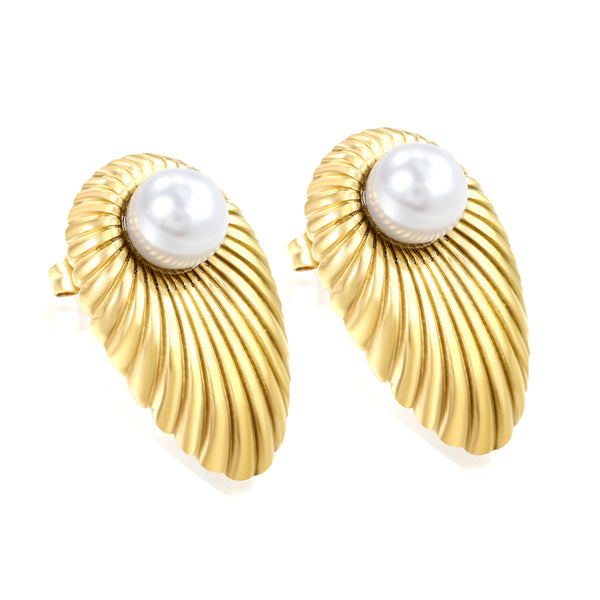Oval Leaf Pearl Stud Earrings
