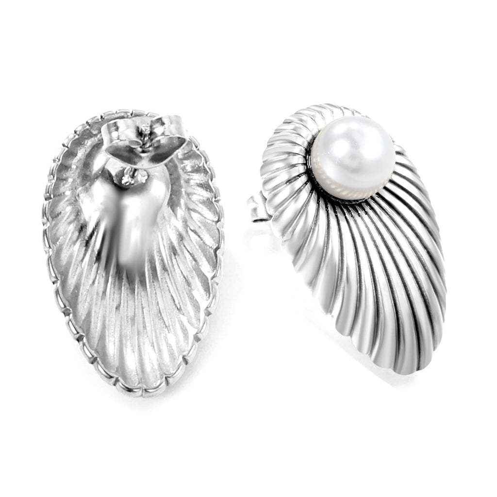 Oval Leaf Pearl Stud Earrings