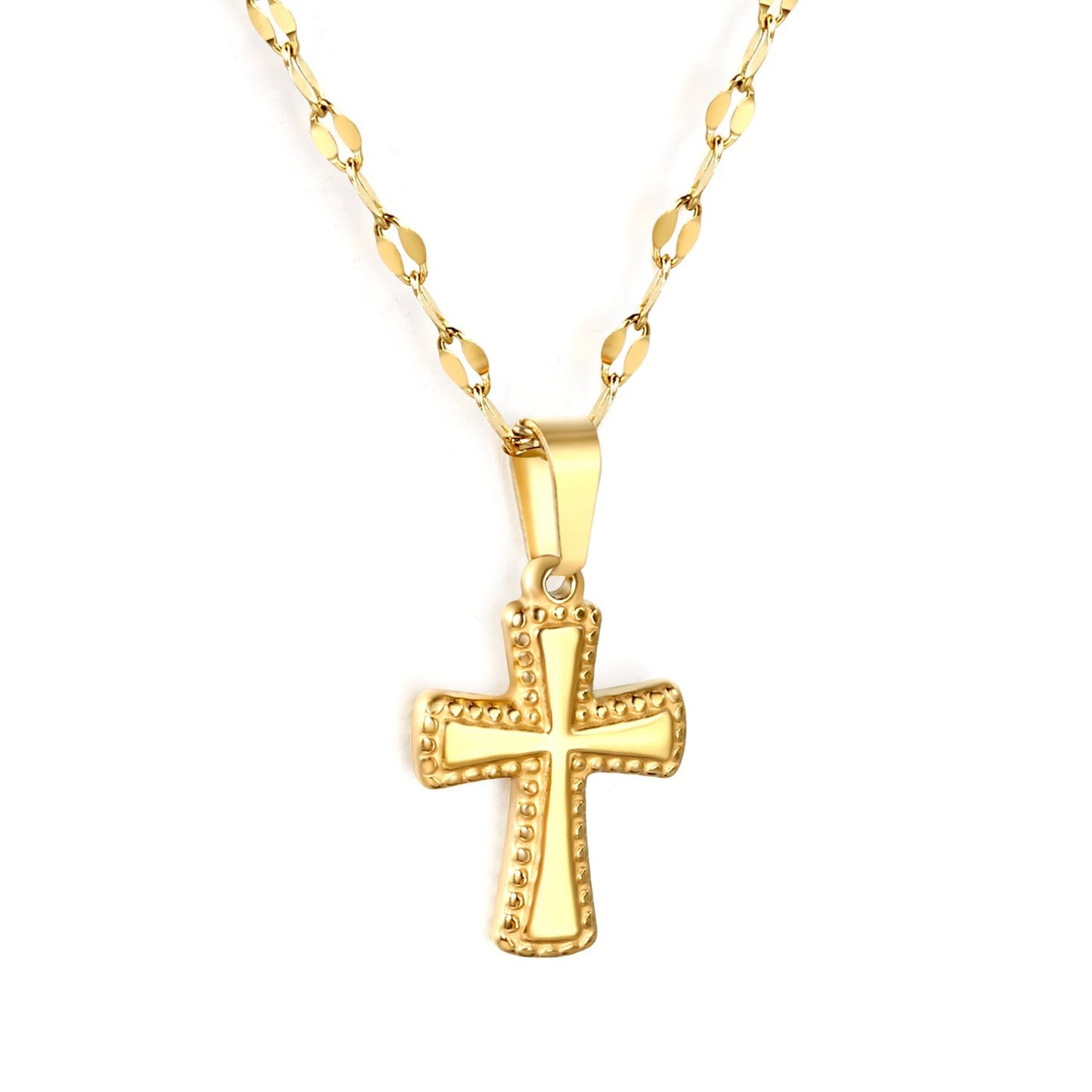 12.8x18.8mm cross pendant, 40cm lip chain + 5cm + 6mm round-shaped pendant, necklace, gold color