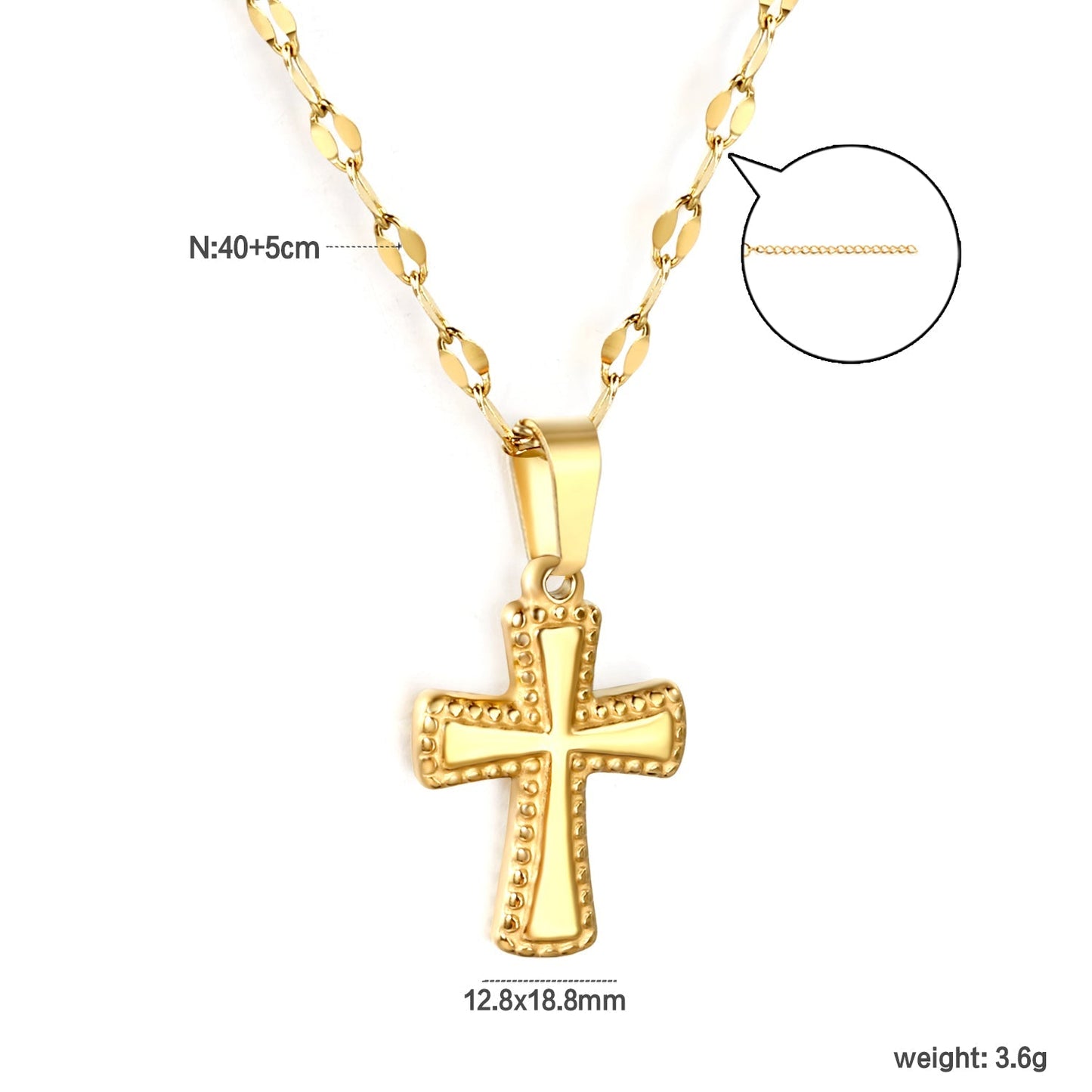 12.8x18.8mm cross pendant, 40cm lip chain + 5cm + 6mm round-shaped pendant, necklace, gold color