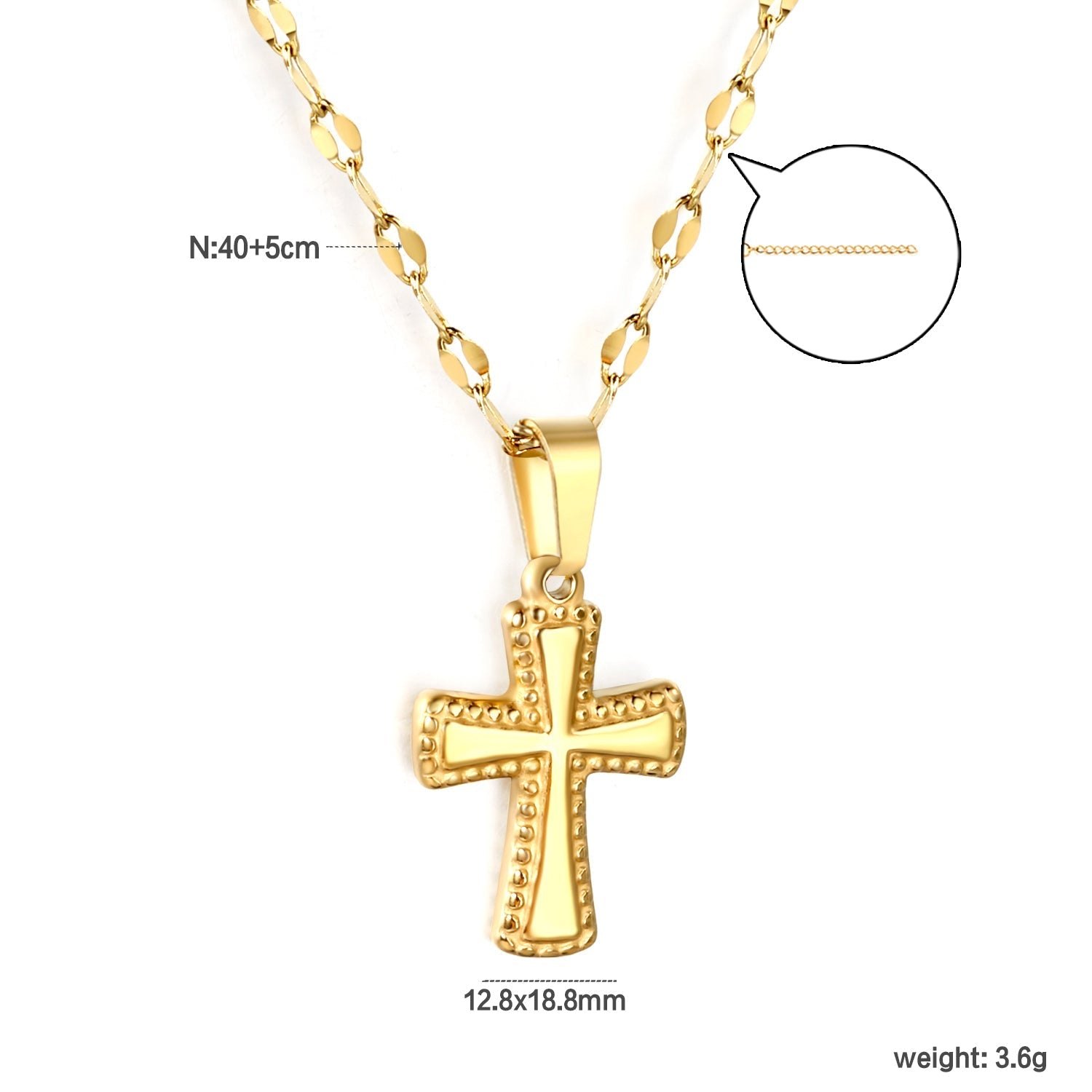 12.8x18.8mm cross pendant, 40cm lip chain + 5cm + 6mm round-shaped pendant, necklace, gold color