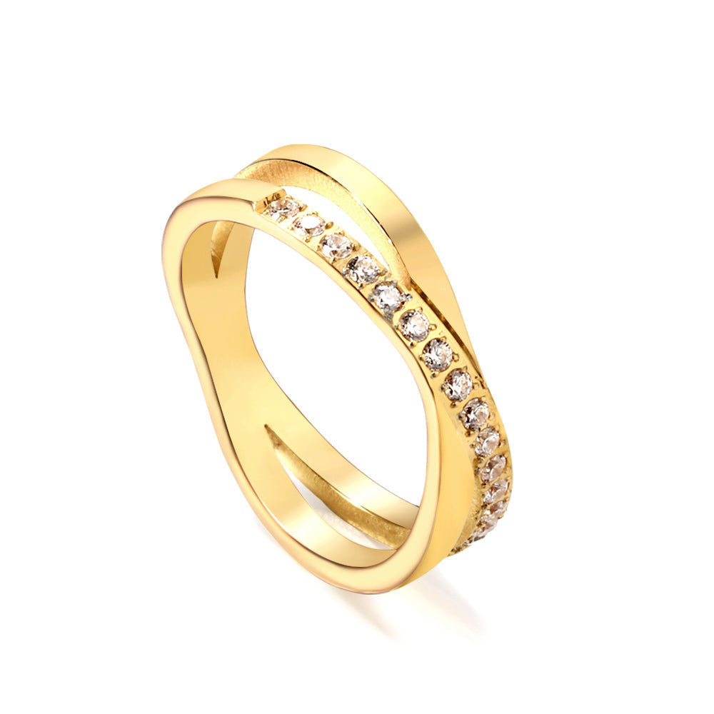 Gold & Steel Crossover Ring by APHANA, gold or rose-gold tones, ring, stainless steel, product image 1