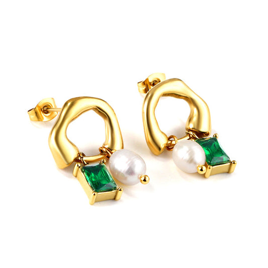 Green Diamond & Pearl Half-Hoop Earrings