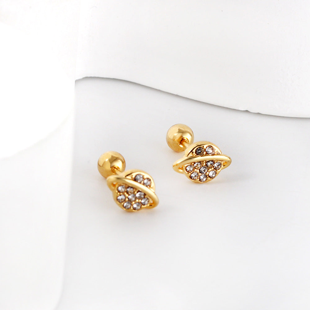 Golden Steel Stud Planet + Orbit with White Diamonds Earrings