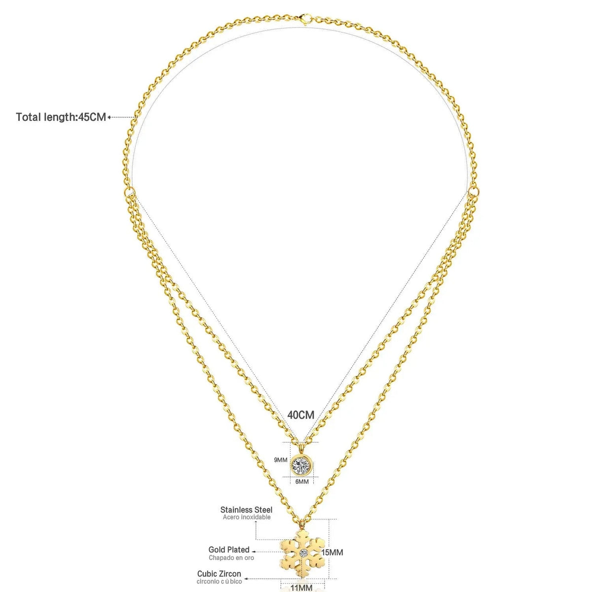 Snowflake Round Cubic Zirconia Pandents Double Chains Necklaces Gold Color Stainless Steel For Women Chokers Christmas
