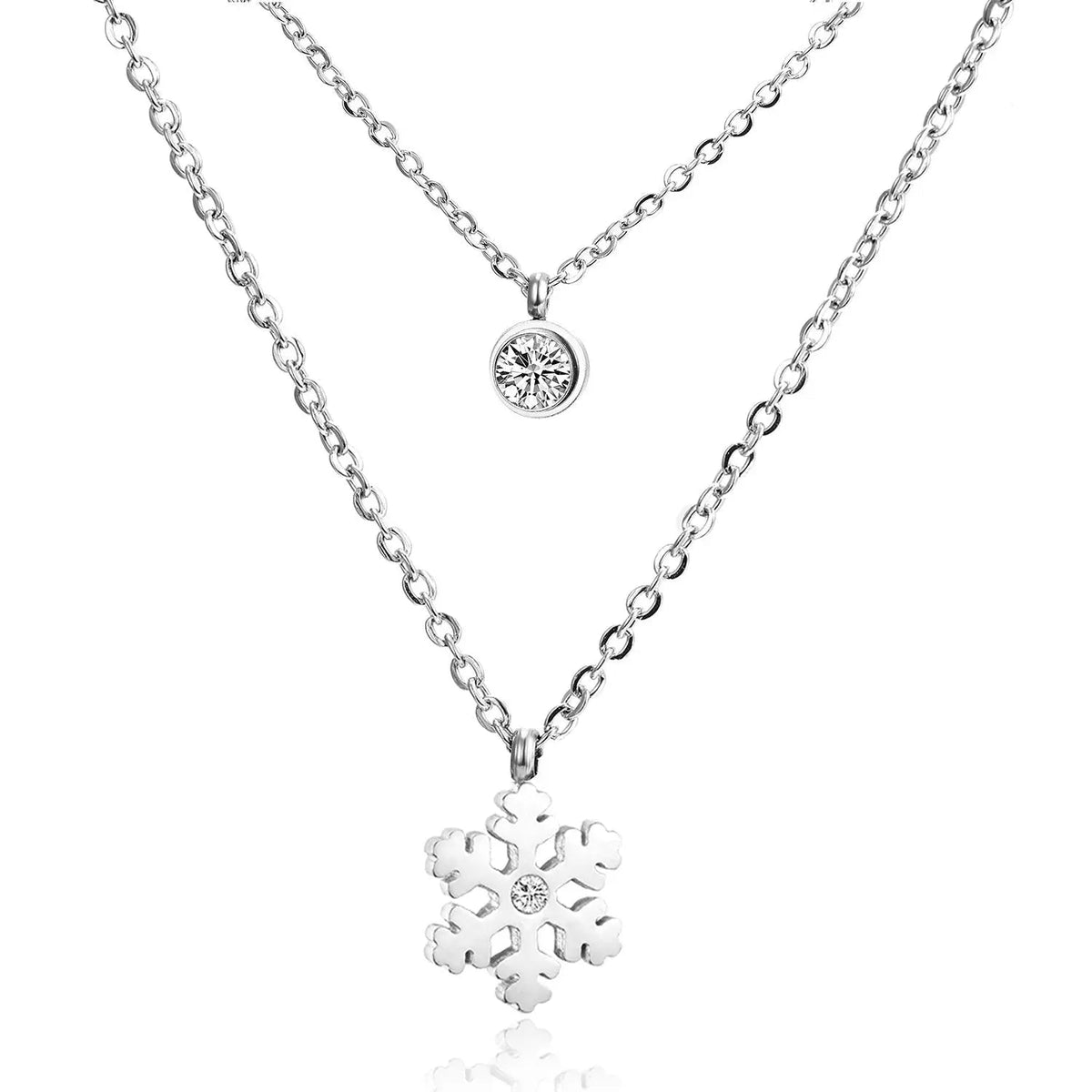 Snowflake Round Cubic Zirconia Pandents Double Chains Necklaces Gold Color Stainless Steel For Women Chokers Christmas