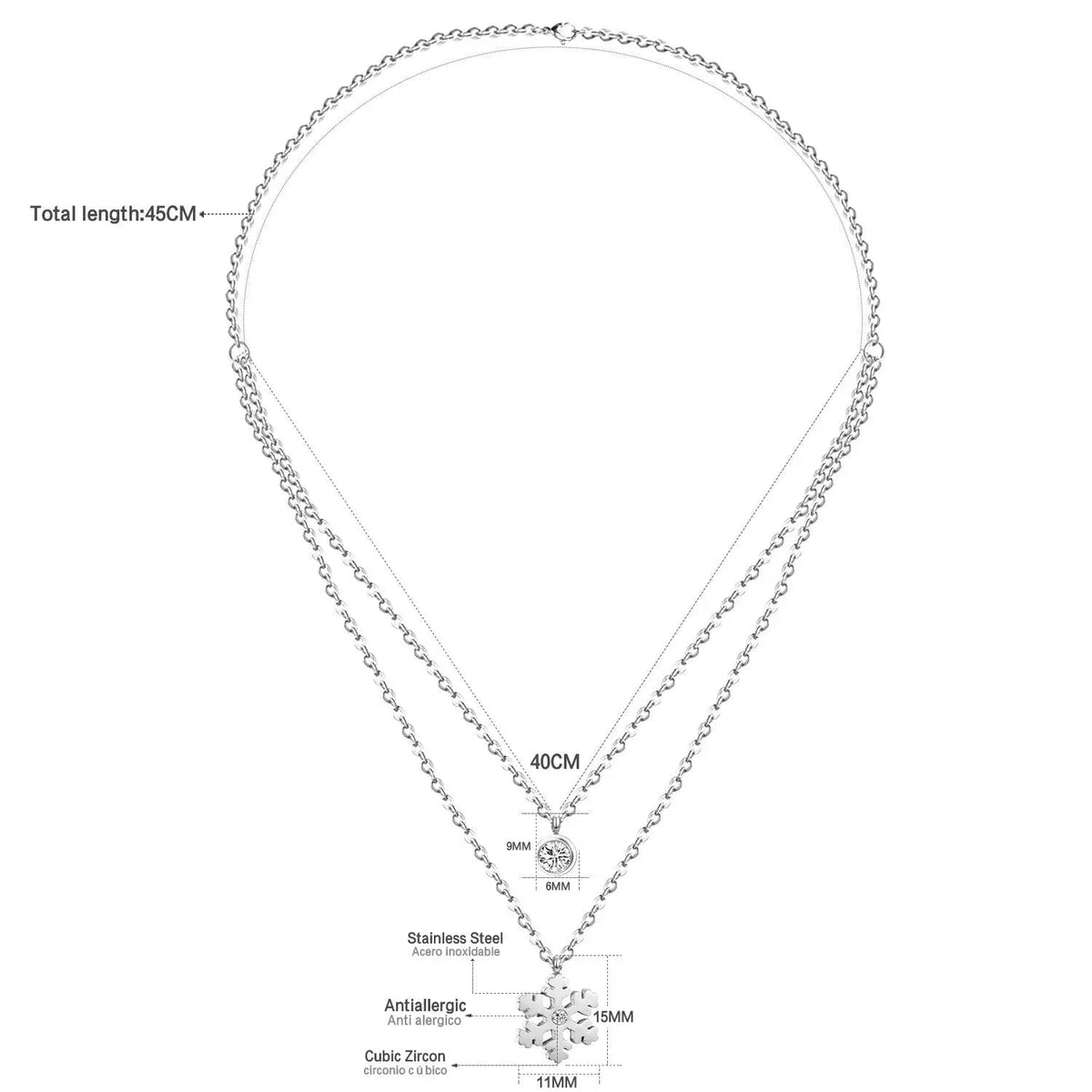 Snowflake Round Cubic Zirconia Pandents Double Chains Necklaces Gold Color Stainless Steel For Women Chokers Christmas
