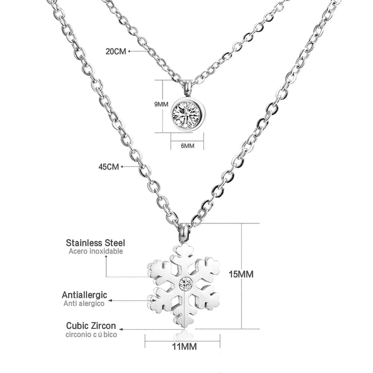 Snowflake Round Cubic Zirconia Pandents Double Chains Necklaces Gold Color Stainless Steel For Women Chokers Christmas