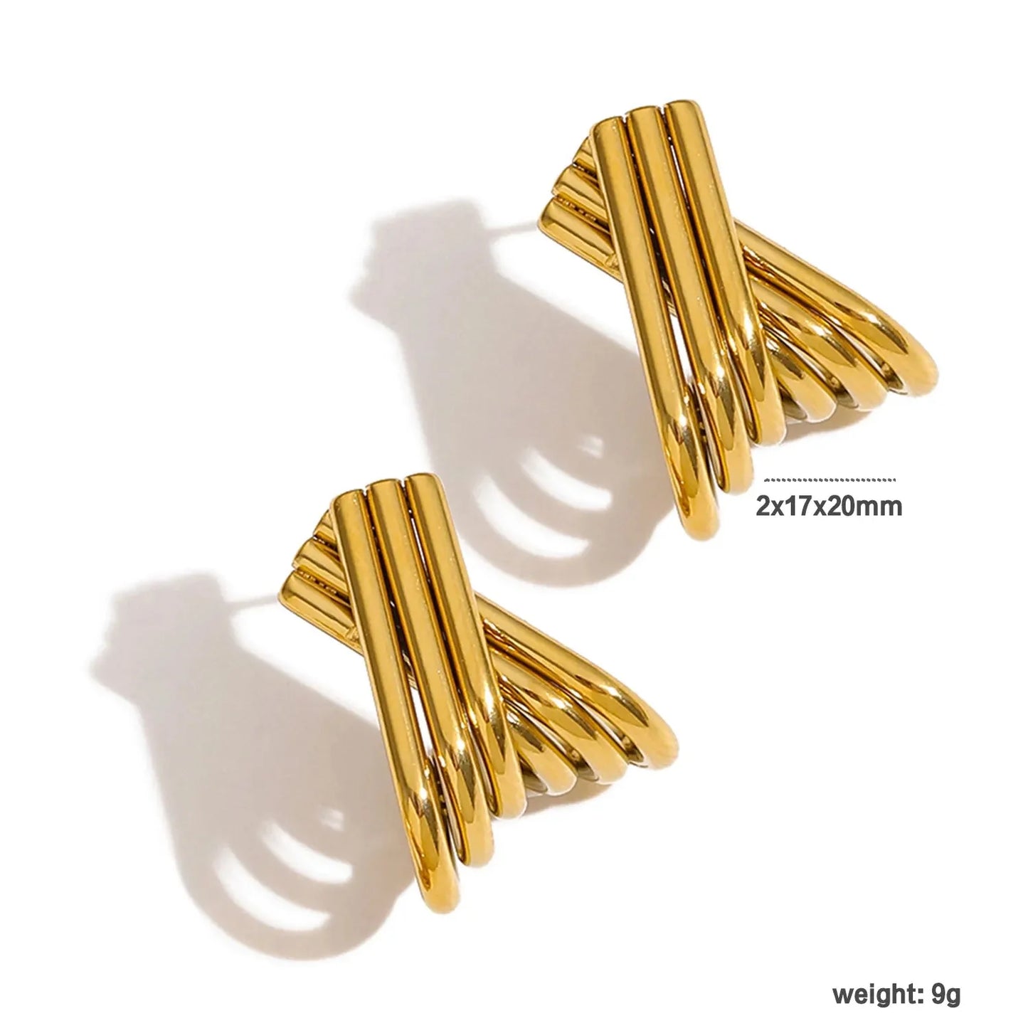 Fashion X Design Stud Earrings 2.0×17×20mm Steel-tone Gold Finish Classic Metal Ear Jewelry for Ladies Casual Party