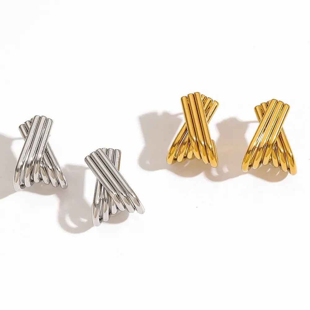 Fashion X Design Stud Earrings 2.0×17×20mm Steel-tone Gold Finish Classic Metal Ear Jewelry for Ladies Casual Party