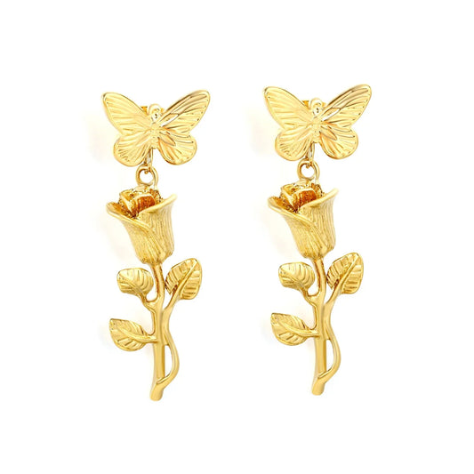 Minimalist Modern Gold Plated Earrings 15.511mm Butterfly &1332mm Rose Tassel Alloy Daily Jewelry for Women