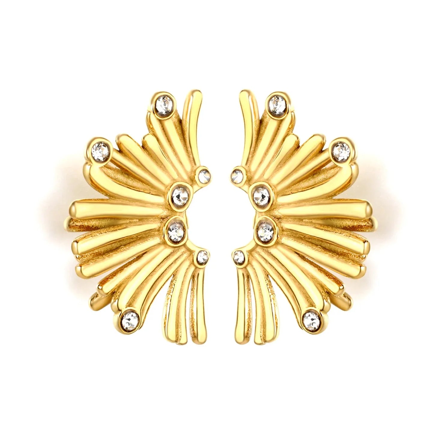 Gold Fan Shaped Diamond Stud Earrings 17*25mm Sparkly Inlaid Diamond Fashion Earrings for Women Daily Wear Party Jewelry Accessory