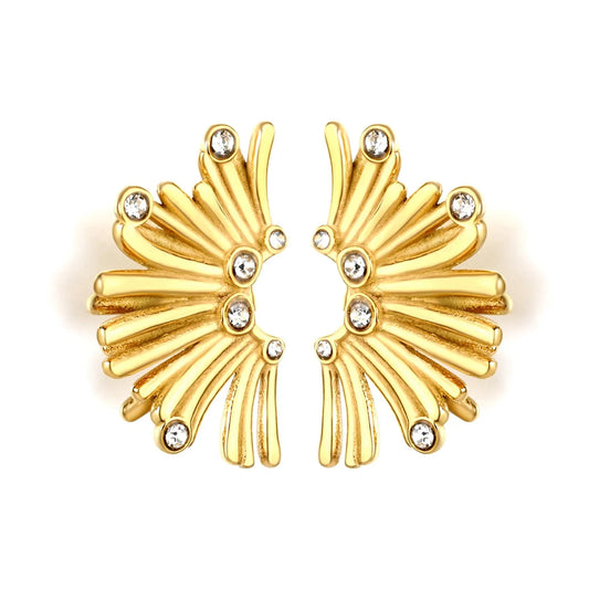 Gold Fan Shaped Diamond Stud Earrings 17*25mm Sparkly Inlaid Diamond Fashion Earrings for Women Daily Wear Party Jewelry Accessory