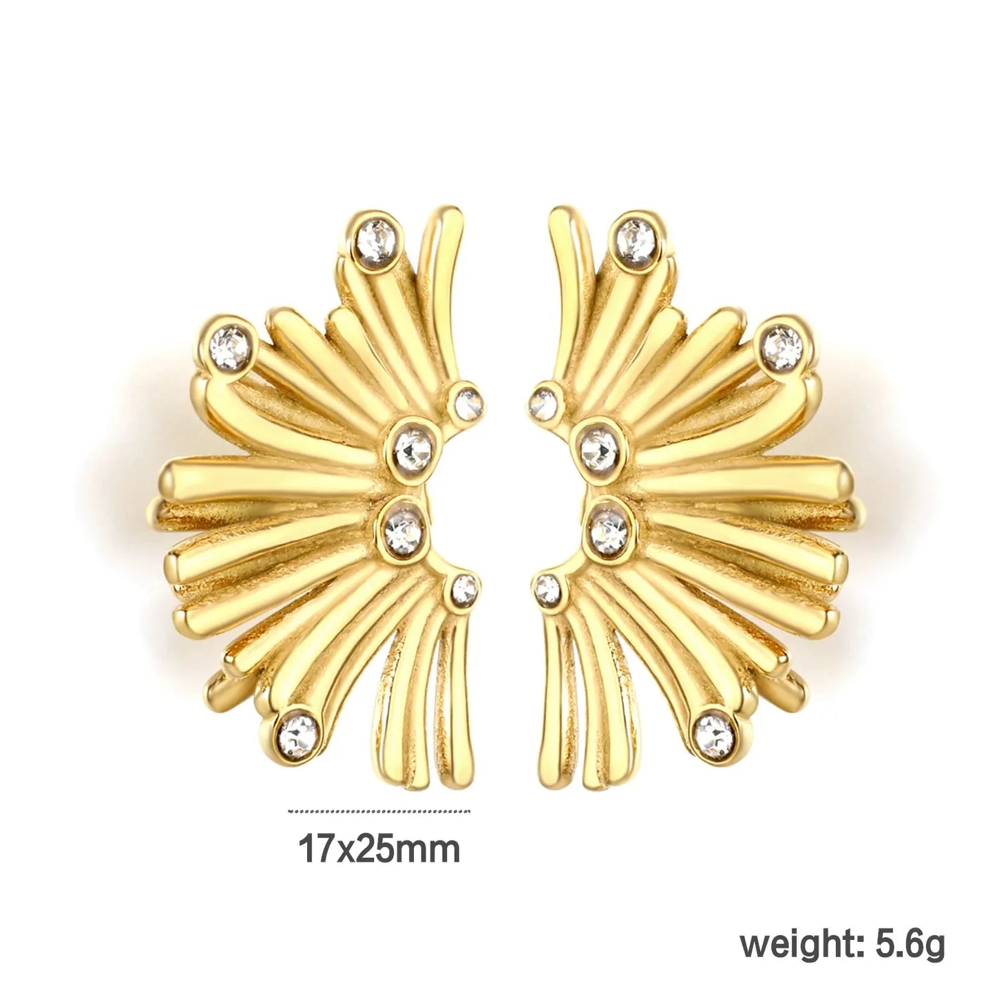 Gold Fan Shaped Diamond Stud Earrings 17*25mm Sparkly Inlaid Diamond Fashion Earrings for Women Daily Wear Party Jewelry Accessory