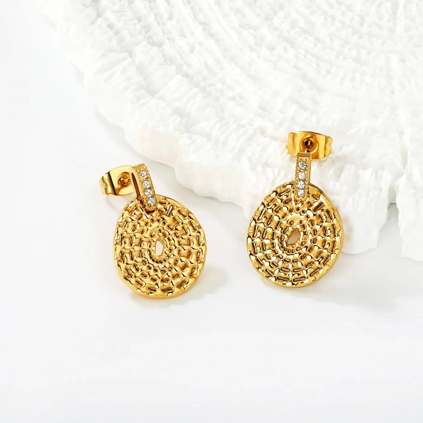 Gold Plated 1416mm Irregular Round Disc Stud Earrings with 27mm Sparkling Rhinestone Embellished Button Detail, Fashion Statement Jewelry for Women