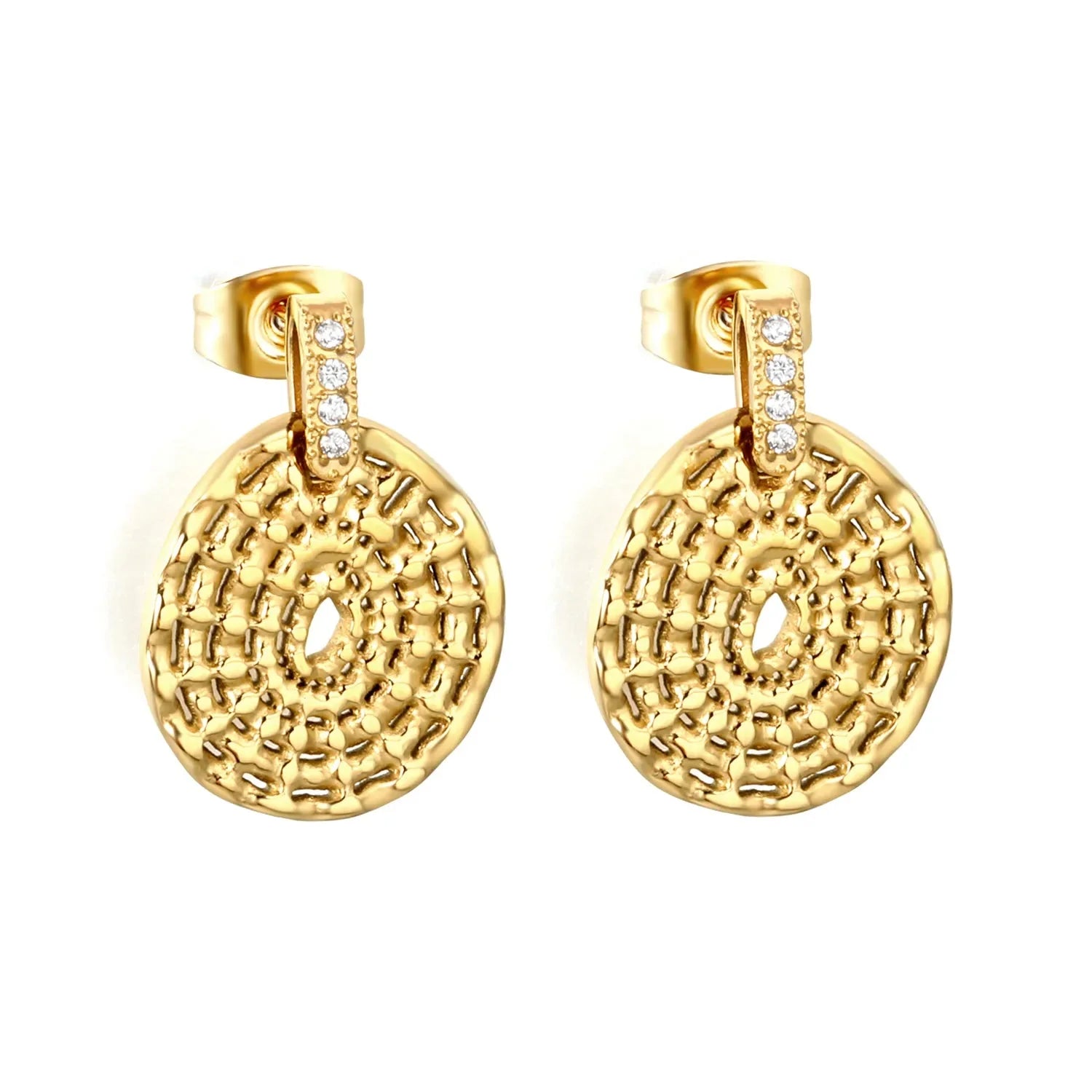 Gold Plated 1416mm Irregular Round Disc Stud Earrings with 27mm Sparkling Rhinestone Embellished Button Detail, Fashion Statement Jewelry for Women