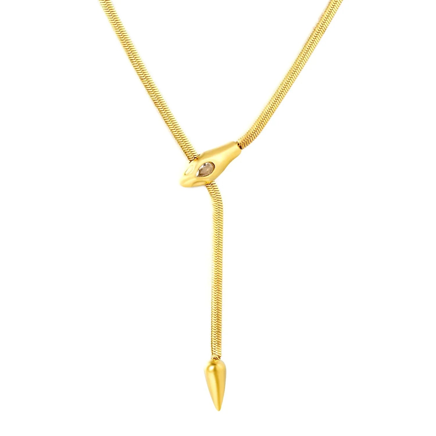 5.9*14mm snake tail, 7.5*18mm snake head, 4mm flat snake chain, 50+5cm+6mm round tail label, sweater chain, golden color