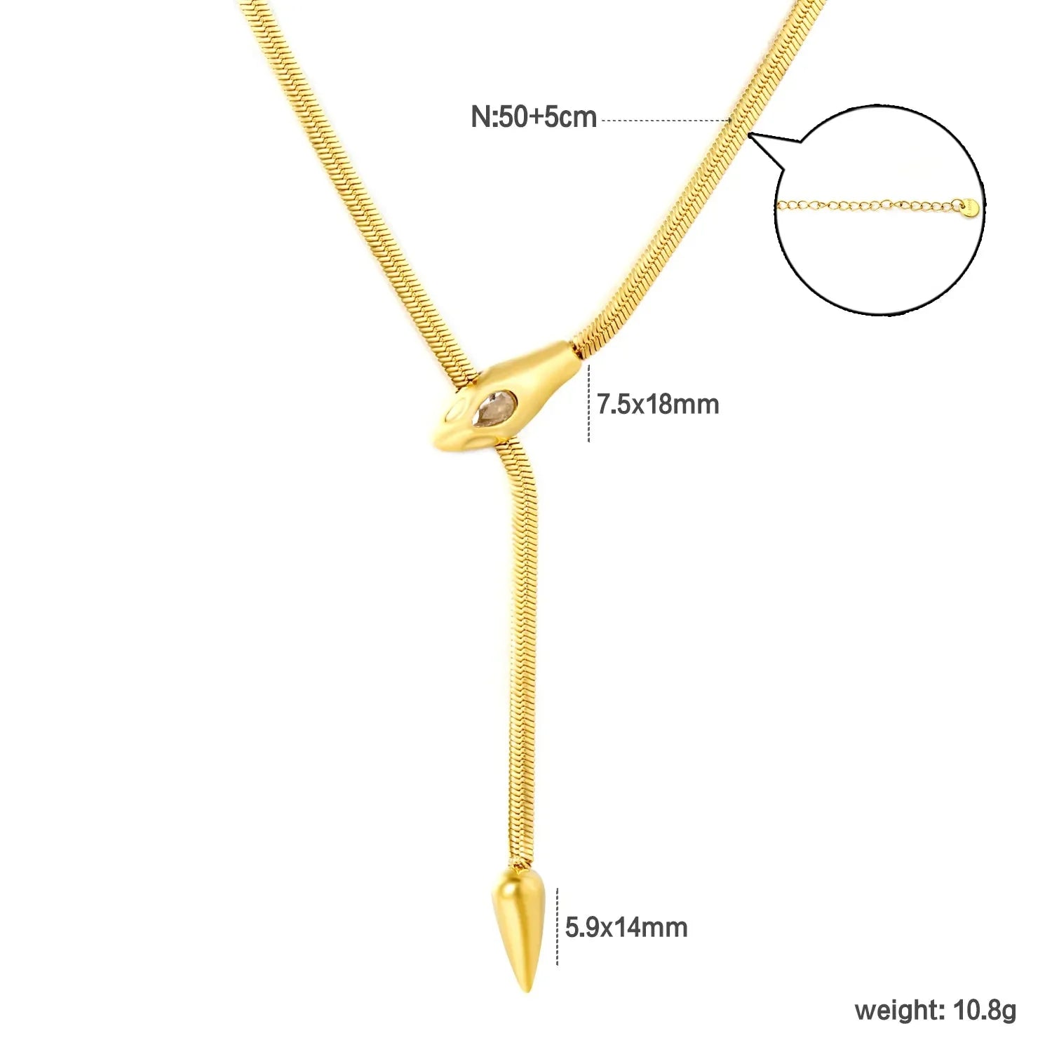 5.9*14mm snake tail, 7.5*18mm snake head, 4mm flat snake chain, 50+5cm+6mm round tail label, sweater chain, golden color