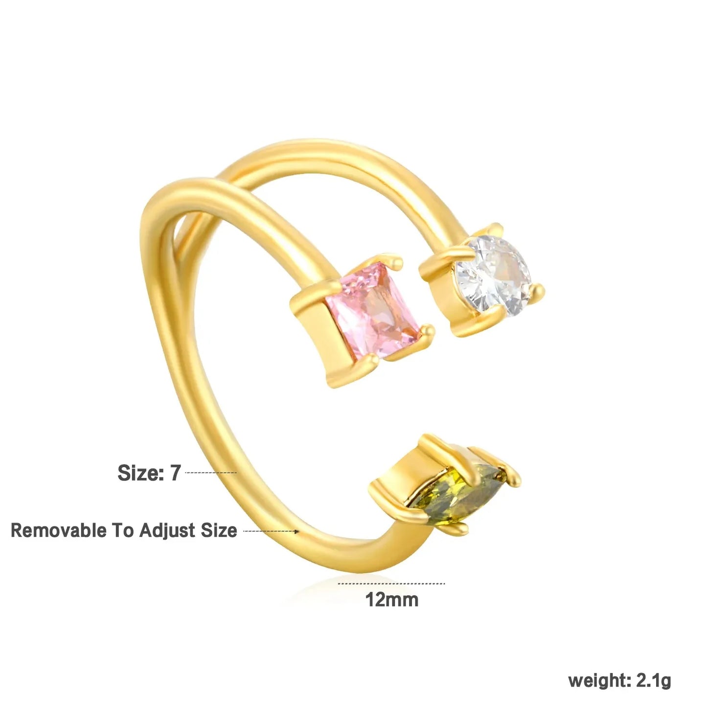 12.5mm high irregular three-color diamond open ring in gold #7