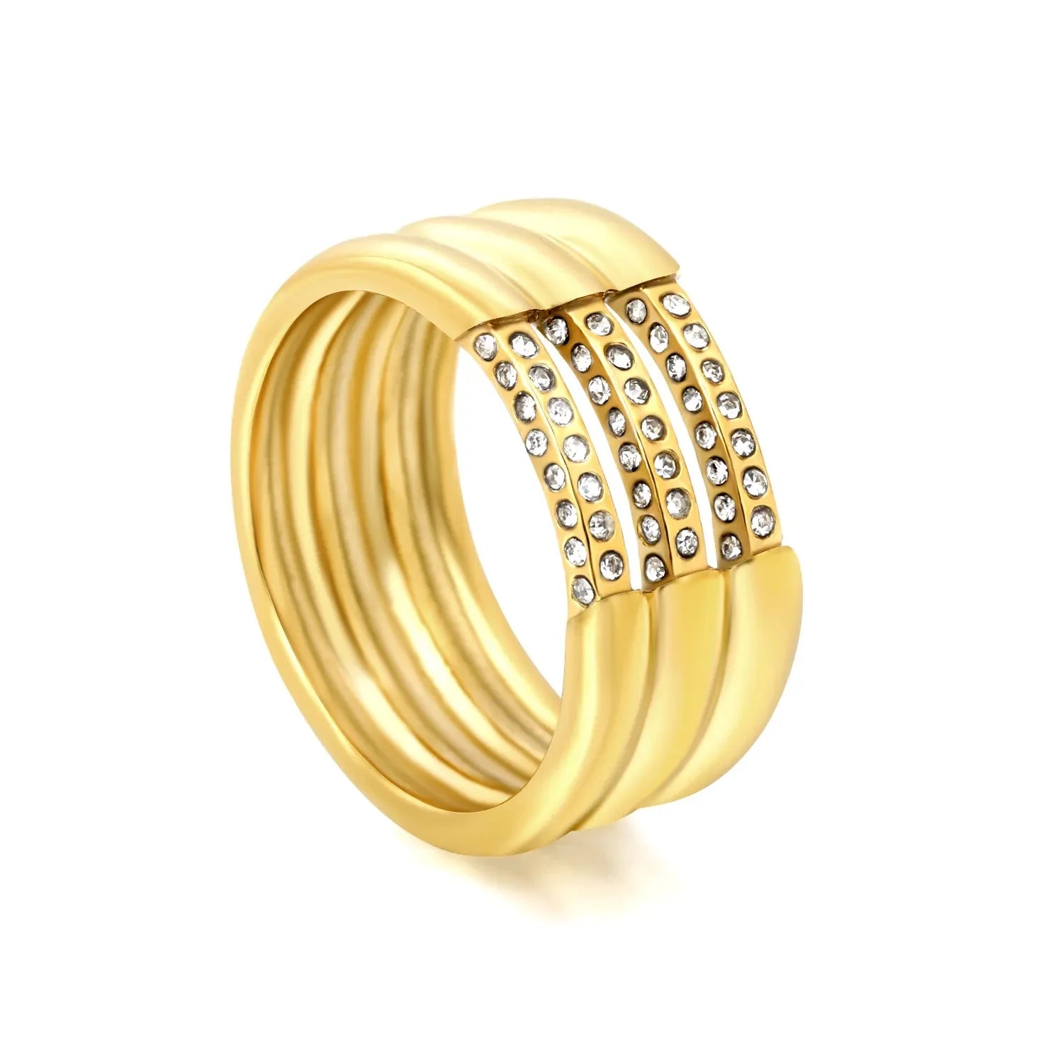 Gold Band Ring Size #6-8 Height 9.5mm Hollow Three Rows Emerald Diamond Inlaid Elegant Fashion Ring for Women Daily Casual Party Office Wear Jewelry