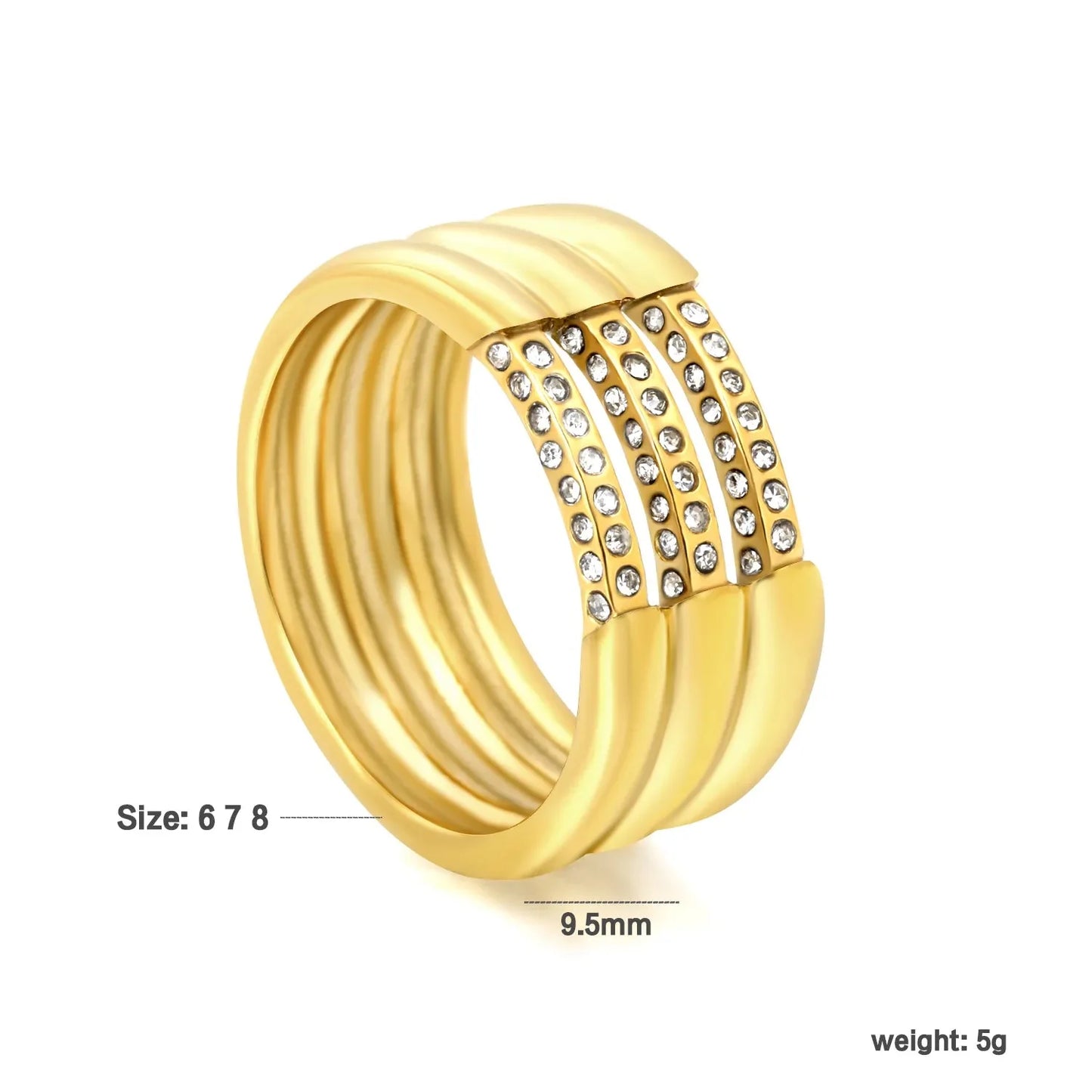 Gold Band Ring Size #6-8 Height 9.5mm Hollow Three Rows Emerald Diamond Inlaid Elegant Fashion Ring for Women Daily Casual Party Office Wear Jewelry